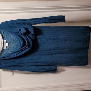 Mac & Jac Large Teal Tunic Length Sweater with Cowl Neck with Rose Detail